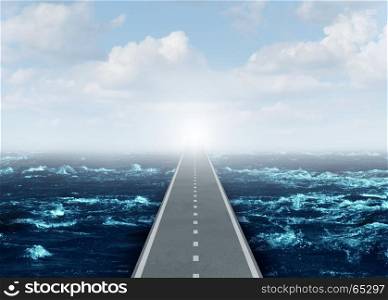 Open strategy business concept as an overseas highway direct bridge path to success and opportunity as a pathway over an ocean and through the sky as a global financial idea with 3D illustration elements.