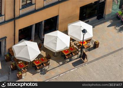open street cafe in a European city, top view