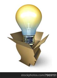 Open thinking business creativity concept with an opened cardboard box shaped as a human head and an illuminated light bulb emerging out as an icon of new ideas success through inspiration and intelligence.