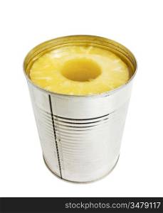 open tin of pineapple isolated on white background