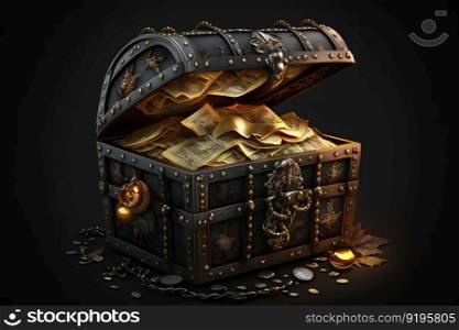 Open treasure chest filled with gold coins and expensive pirates loot on black background. Neural network AI generated art. Open treasure chest filled with gold coins and expensive pirates loot on black background. Neural network generated art