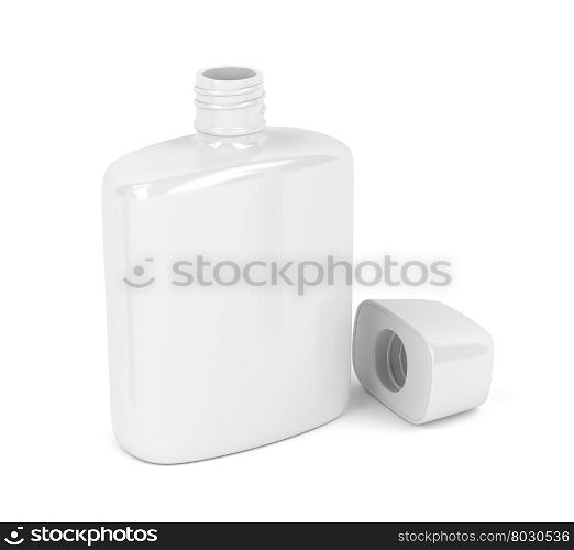 Open white bottle for aftershave lotion or perfume on white background