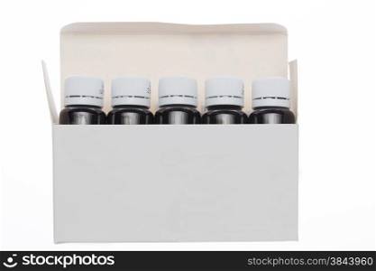 Open white box with bottle pharmaceutical on an isolated background. Open white box with bottle pharmaceutical