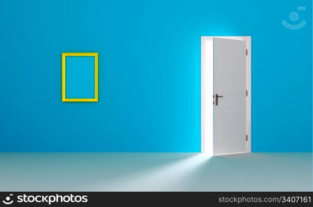 Open white door in a blue room with golden frame on a wall