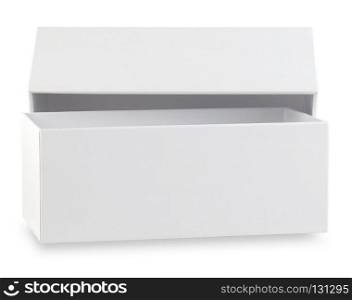 Open white rectangular cardboard box with lid isolated on white background. Open white rectangular cardboard box with lid