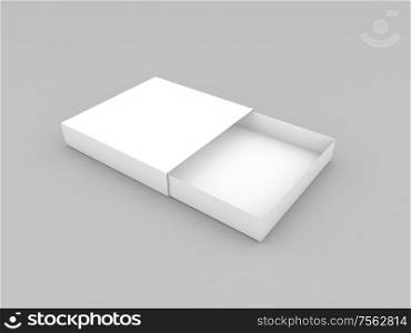 Open wide box mock up on gray background. 3d render illustration.. Open wide box mock up on gray background.