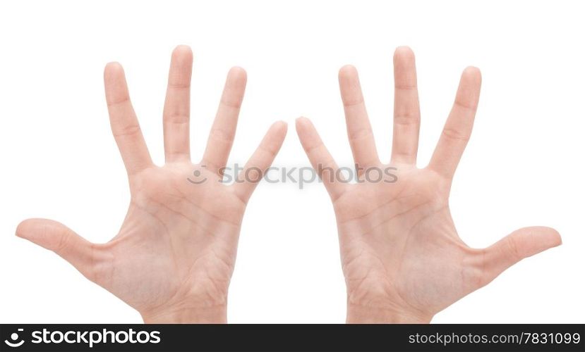 Open woman hand or number five isolated on white