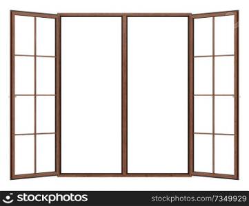 open wooden window isolated on white background. 3d illustration