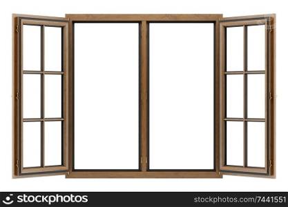 open wooden window isolated on white background. 3d illustration
