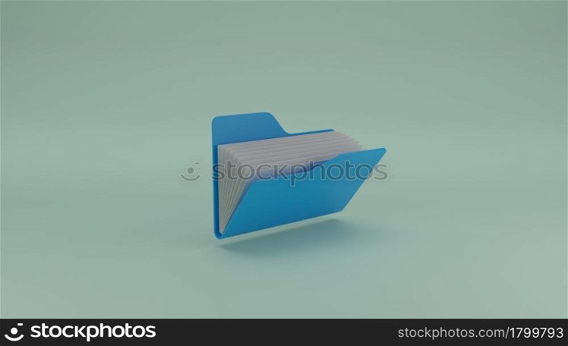 Opened archive document folder directory with white paper 3D rendering illustration