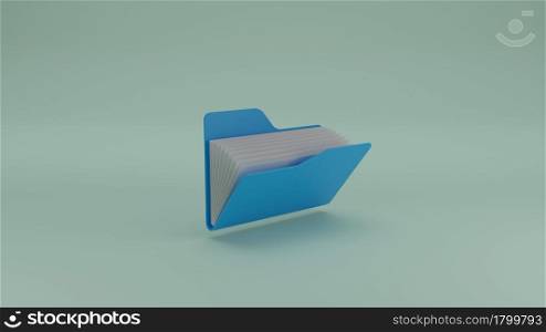 Opened archive document folder directory with white paper 3D rendering illustration