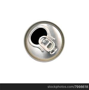 opened beer can top over white background