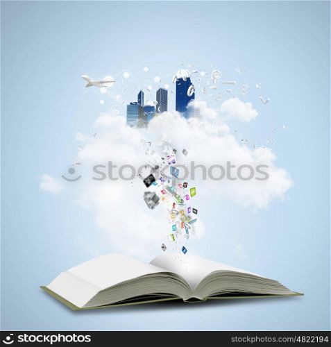Opened book. Opened book and icons flying out of pages