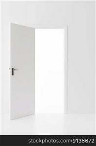 Opened door in empty white room. Copy space. Template to integrate your picture, text. 3D rendering. Opened door in empty white room. Copy space. Template to integrate your picture, text. 3D rendering.