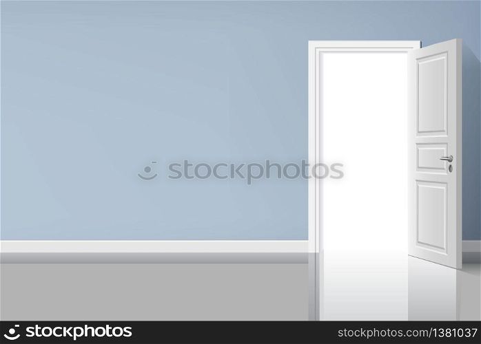 Opened door in the blue wall with light illustration design. Interior room concept. The door frame and lock. Front door. Illustration 3D stock