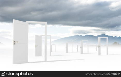 Opened doors in field. Conceptual image with opened doors as new way entrance to new world