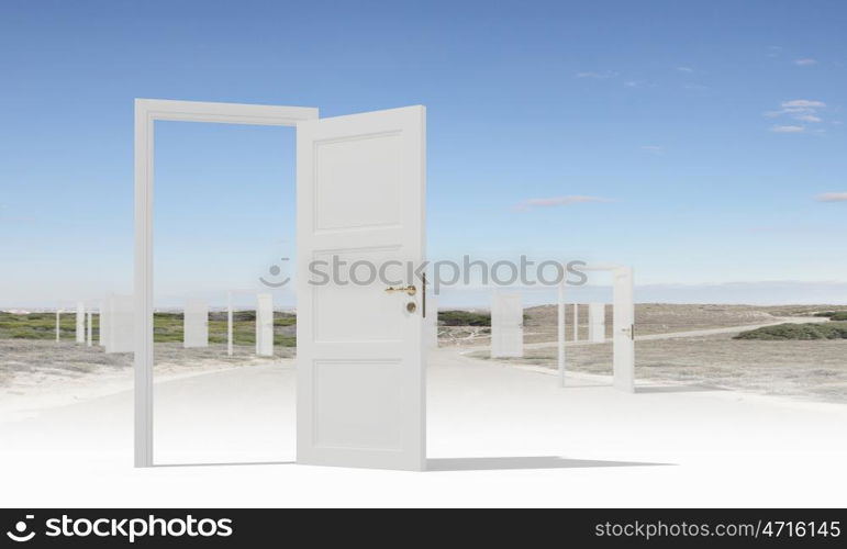 Opened doors in field. Conceptual image with opened doors as new way entrance to new world