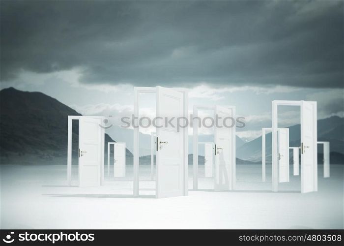 Opened doors in field. Conceptual image with opened doors as new way entrance to new world