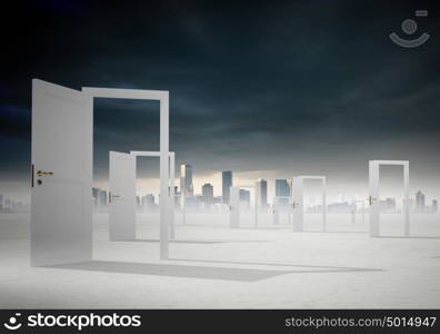 Opened doors in field. Conceptual image with opened doors as new way entrance to new world