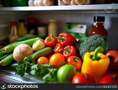 Opened fridge with various fresh raw vegetables.AI Generative
