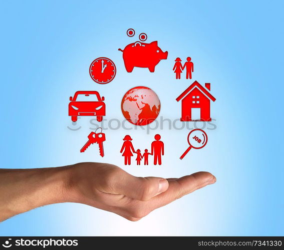 Opened hand make a protection gesture to life values. Family, home, money and property security. Care and insurance concept