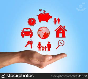 Opened hand make a protection gesture to life values. Family, home, money and property security. Care and insurance concept