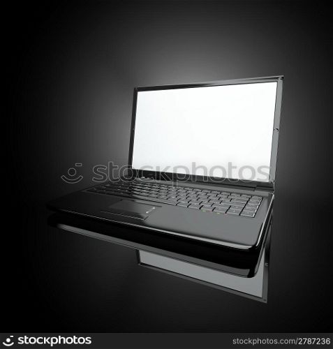 Opened laptop on black background and volume light. 3d
