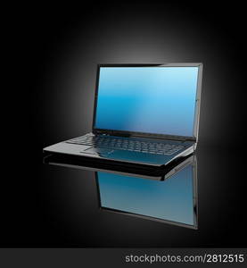 Opened laptop on black background and volume light. 3d