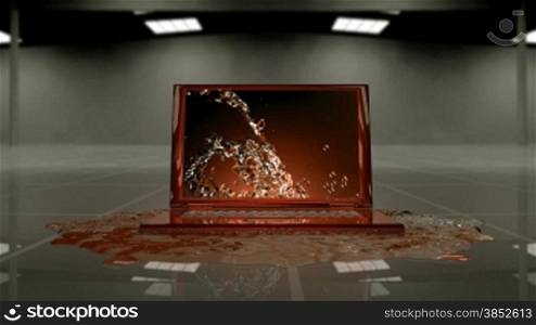 Opened laptop with water filling the display,Alpha Channel included