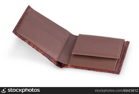 opened mens brown wallet crocodile on white background
