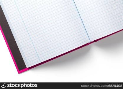 Opened notebook isolated on white background. Copy space. Top view
