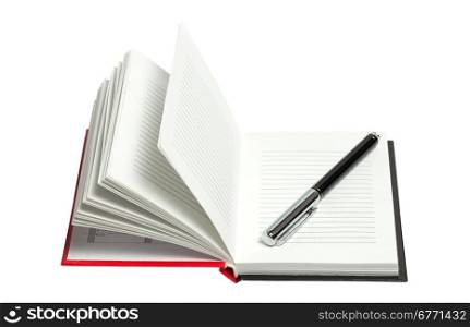 Opened notepad with pen isolated on white background, studio shot