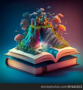 Opened old magic fantasy fairytale book with colourful landscape growing out of books pages. Generative AI. High quality illustration. Opened old magic fantasy fairytale book with colourful landscape growing out of books pages. Generative AI