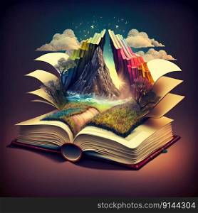 Opened old magic fantasy fairytale book with colourful landscape growing out of books pages. Generative AI. High quality illustration. Opened old magic fantasy fairytale book with colourful landscape growing out of books pages. Generative AI