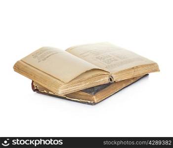Opened old vintage book isolated on white background