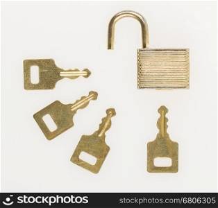 Opened padlock and keys isolated on white background