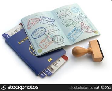 Opened passport with visa stamps and airline boading pass tickets isolated on white. Travel or turism concept. 3d