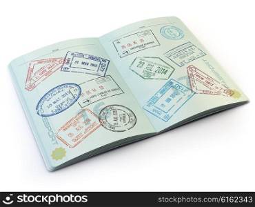 Opened passport with visa stamps on the pages isolated on white. 3d