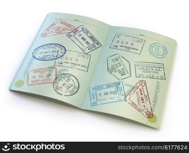 Opened passport with visa stamps on the pages isolated on white. 3d