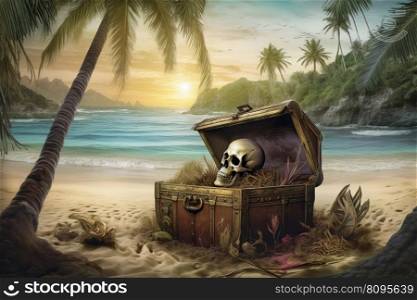 Opened pirate chest on beach. Metal old. Generate Ai. Opened pirate chest on beach. Generate Ai