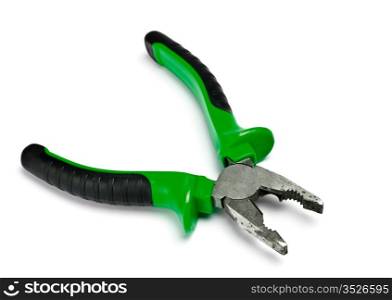 opened pliers with green handle isolated on white