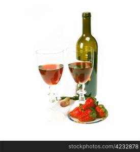 opened red wine bottle and two glasses and fresh strawberries isolated on white