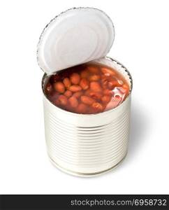 Opened tin with red beans. Isolated on a white. with clipping path. Opened tin with red beans.