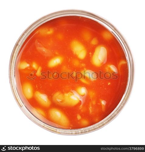 opened tincan with beans in tomato sauce, isolated on white