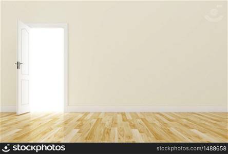 Opened White Door on brown Wall, Wood Floor