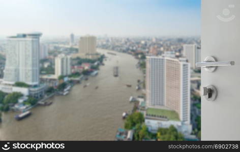 opened white door to bangkok city skyline along chaophraya river