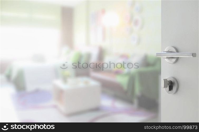 opened white door to colorful bedroom with brown sofa