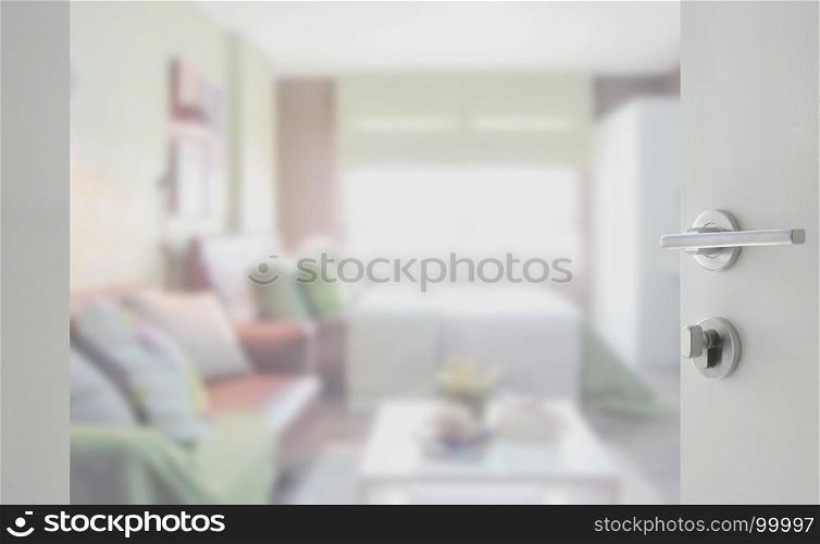 opened white door to colorful bedroom with sofa
