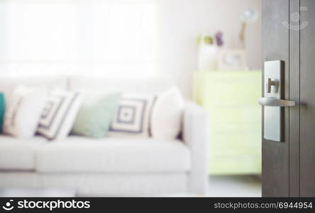 opened wooden door to cozy sofa with geometric pattern pillows and green sideboard in living corner