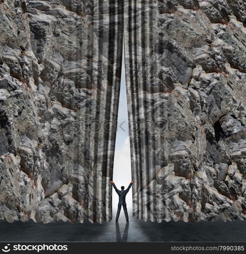 Opening business concept and career opportunity and finding an open gatway to success as a businessman moving a rock cliff mountain as if it was a curtain or drapes as a symbol of the other side and freedom.